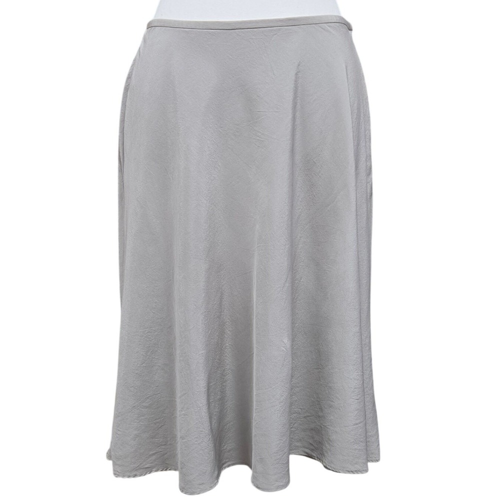 Halston Silk Midi Skirt Womens 10 Grey A-Line Lined Side Zip Classic Neutral 90s